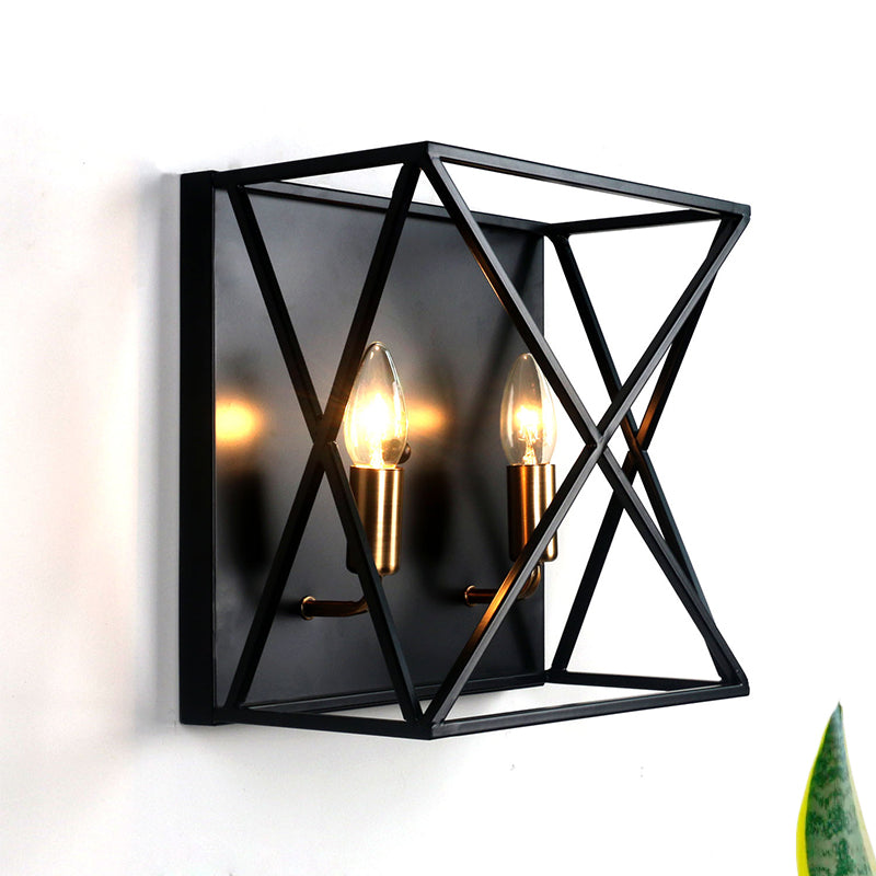 Squared Metal Sconce Light Fixture Farmhouse Style 2 Bulbs Black Finish Wall Lamp with Wire Frame Clearhalo 'Art deco wall lights' 'Cast Iron' 'Glass' 'Industrial wall lights' 'Industrial' 'Middle century wall lights' 'Modern' 'Rustic wall lights' 'Tiffany' 'Traditional wall lights' 'Wall Lamps & Sconces' 'Wall Lights' Lighting' 331633