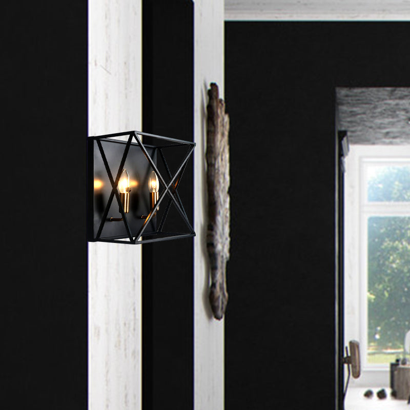 Squared Metal Sconce Light Fixture Farmhouse Style 2 Bulbs Black Finish Wall Lamp with Wire Frame Clearhalo 'Art deco wall lights' 'Cast Iron' 'Glass' 'Industrial wall lights' 'Industrial' 'Middle century wall lights' 'Modern' 'Rustic wall lights' 'Tiffany' 'Traditional wall lights' 'Wall Lamps & Sconces' 'Wall Lights' Lighting' 331634