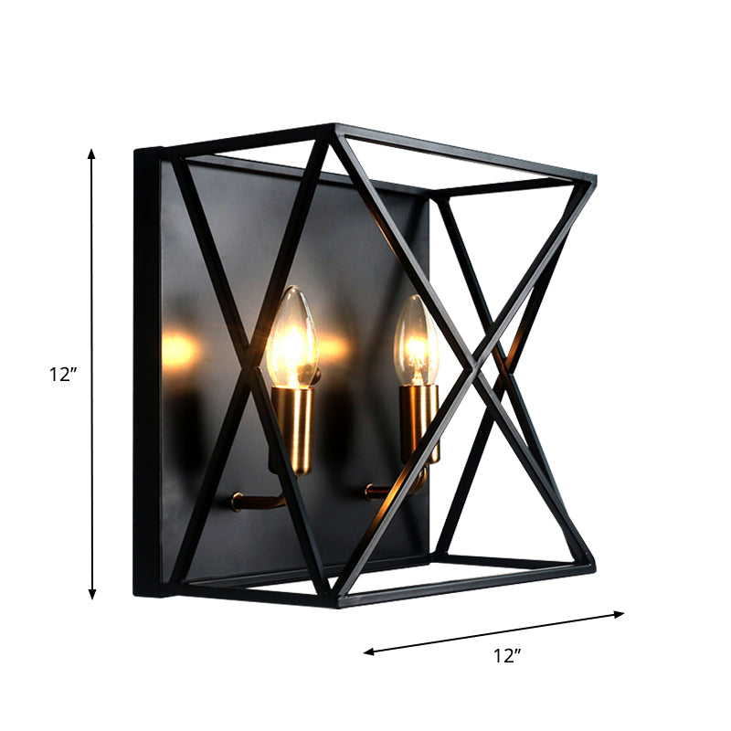 Squared Metal Sconce Light Fixture Farmhouse Style 2 Bulbs Black Finish Wall Lamp with Wire Frame Clearhalo 'Art deco wall lights' 'Cast Iron' 'Glass' 'Industrial wall lights' 'Industrial' 'Middle century wall lights' 'Modern' 'Rustic wall lights' 'Tiffany' 'Traditional wall lights' 'Wall Lamps & Sconces' 'Wall Lights' Lighting' 331636