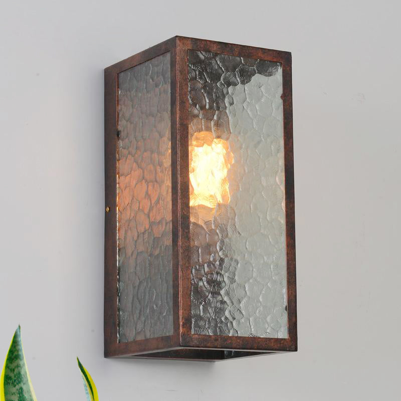 Rectangle Restaurant Sconce Lamp Clear Cracked Glass 1 Bulb Industrial Wall Lighting in Weathered Copper Clearhalo 'Art deco wall lights' 'Cast Iron' 'Glass' 'Industrial wall lights' 'Industrial' 'Middle century wall lights' 'Modern' 'Rustic wall lights' 'Tiffany' 'Traditional wall lights' 'Wall Lamps & Sconces' 'Wall Lights' Lighting' 331694