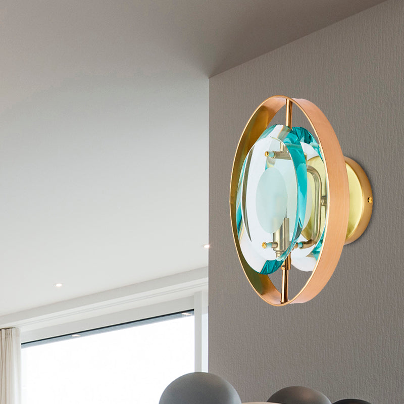 Green Crystal Gold Wall Lamp Elliptical Single Head Vintage Wall Sconce Light with Circular Backplate Clearhalo 'Wall Lamps & Sconces' 'Wall Lights' Lighting' 331701