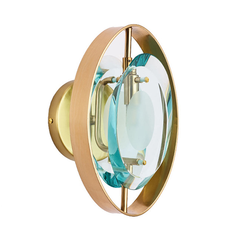 Green Crystal Gold Wall Lamp Elliptical Single Head Vintage Wall Sconce Light with Circular Backplate Clearhalo 'Wall Lamps & Sconces' 'Wall Lights' Lighting' 331702