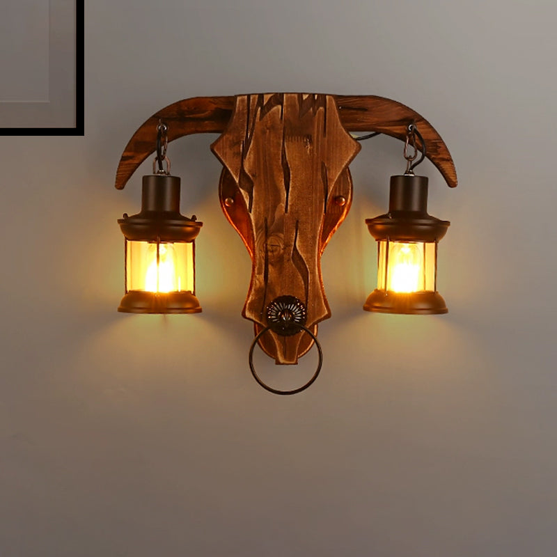 Brown Bull Shaped Sconce Wall Lighting Retro Style 2 Bulbs Wood and Metal Wall Lamp with Lantern Shade Clearhalo 'Art deco wall lights' 'Cast Iron' 'Glass' 'Industrial wall lights' 'Industrial' 'Middle century wall lights' 'Modern' 'Rustic wall lights' 'Tiffany' 'Traditional wall lights' 'Wall Lamps & Sconces' 'Wall Lights' Lighting' 331724