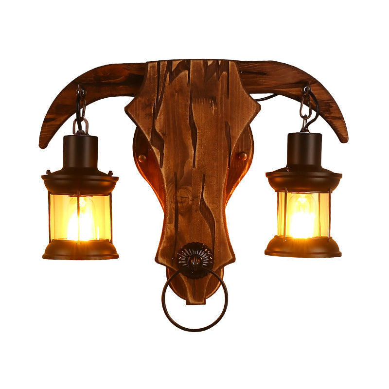 Brown Bull Shaped Sconce Wall Lighting Retro Style 2 Bulbs Wood and Metal Wall Lamp with Lantern Shade Clearhalo 'Art deco wall lights' 'Cast Iron' 'Glass' 'Industrial wall lights' 'Industrial' 'Middle century wall lights' 'Modern' 'Rustic wall lights' 'Tiffany' 'Traditional wall lights' 'Wall Lamps & Sconces' 'Wall Lights' Lighting' 331726