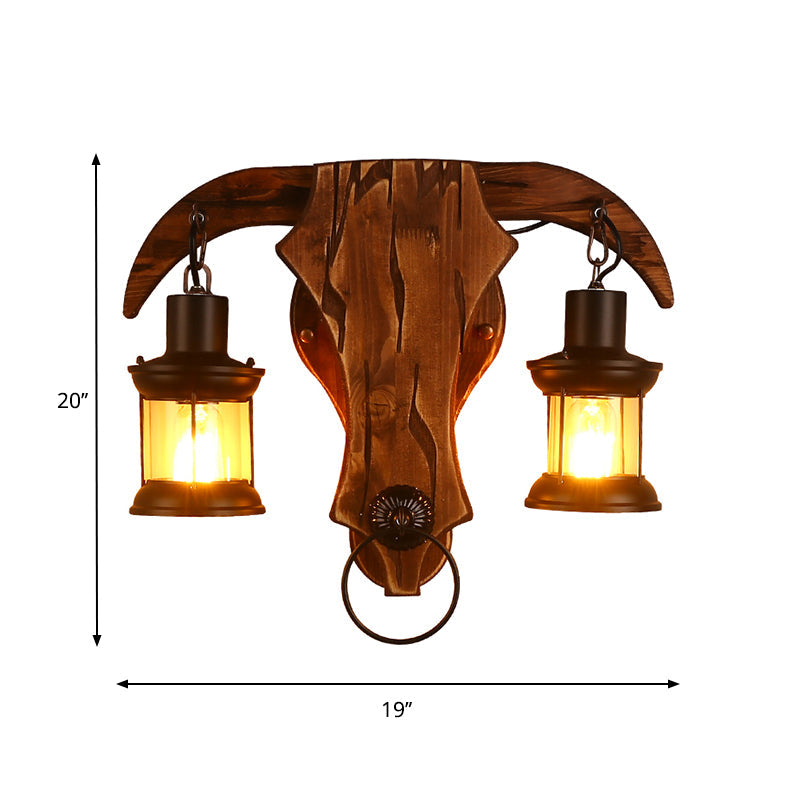 Brown Bull Shaped Sconce Wall Lighting Retro Style 2 Bulbs Wood and Metal Wall Lamp with Lantern Shade Clearhalo 'Art deco wall lights' 'Cast Iron' 'Glass' 'Industrial wall lights' 'Industrial' 'Middle century wall lights' 'Modern' 'Rustic wall lights' 'Tiffany' 'Traditional wall lights' 'Wall Lamps & Sconces' 'Wall Lights' Lighting' 331727