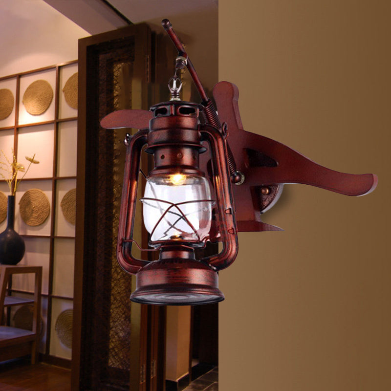 Farmhouse Lantern Shade Sconce Fixture Wrought Iron 1 Light Hallway Wall Sconce Lamp in Weathered Copper Clearhalo 'Art deco wall lights' 'Cast Iron' 'Glass' 'Industrial wall lights' 'Industrial' 'Middle century wall lights' 'Modern' 'Rustic wall lights' 'Tiffany' 'Traditional wall lights' 'Wall Lamps & Sconces' 'Wall Lights' Lighting' 331759