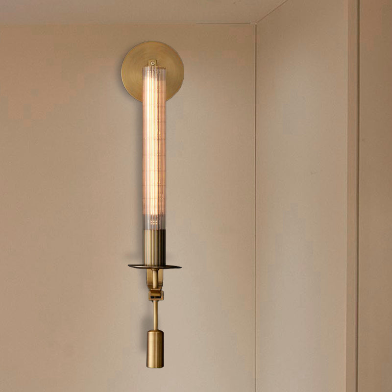 Traditional Cylindrical Wall Lamp Single Head Prismatic Glass LED Wall Mount Light Fixture in Brass for Bathroom Clearhalo 'Wall Lamps & Sconces' 'Wall Lights' Lighting' 331799