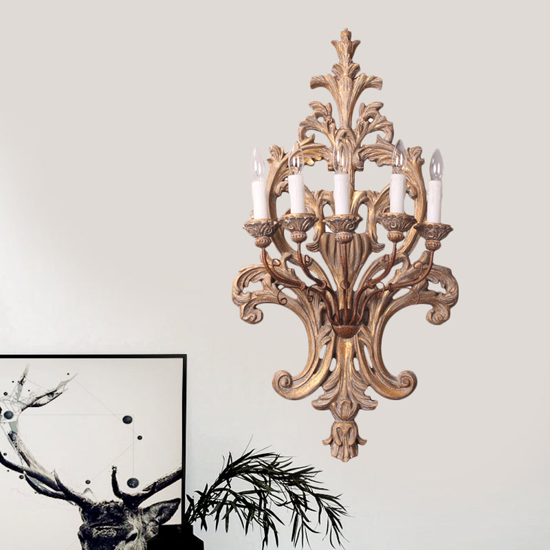 Wood Candelabra Wall Mounted Lamp Rustic Style 5 Lights Bedroom Sconce Light Fixture Clearhalo 'Wall Lamps & Sconces' 'Wall Lights' Lighting' 332300