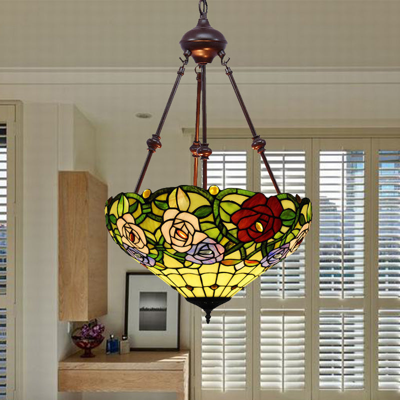 Victorian Flower Hanging Chandelier 2 Lights Cut Glass Ceiling Suspension Lamp in Red/Yellow/Orange Red Clearhalo 'Ceiling Lights' 'Chandeliers' 'Industrial' 'Middle Century Chandeliers' 'Tiffany close to ceiling' 'Tiffany' Lighting' 332353
