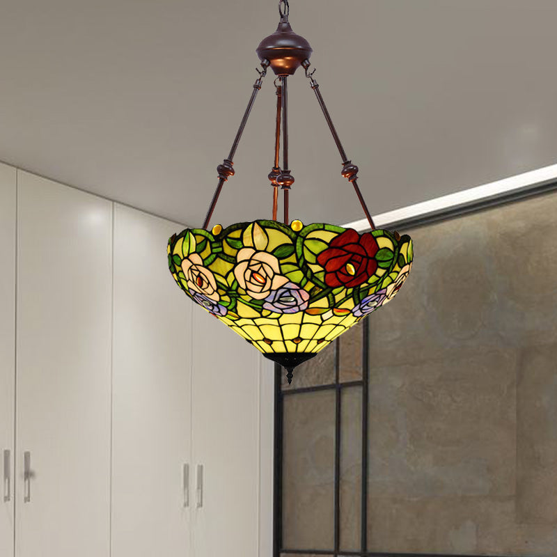 Victorian Flower Hanging Chandelier 2 Lights Cut Glass Ceiling Suspension Lamp in Red/Yellow/Orange Clearhalo 'Ceiling Lights' 'Chandeliers' 'Industrial' 'Middle Century Chandeliers' 'Tiffany close to ceiling' 'Tiffany' Lighting' 332355