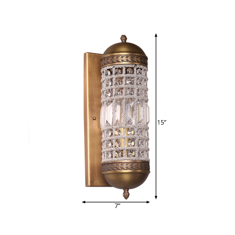 1 Light Wall Lighting Fixture Rural Cylinder Shaped Crystal Sconce Light in Brass for Indoor Clearhalo 'Wall Lamps & Sconces' 'Wall Lights' Lighting' 332413