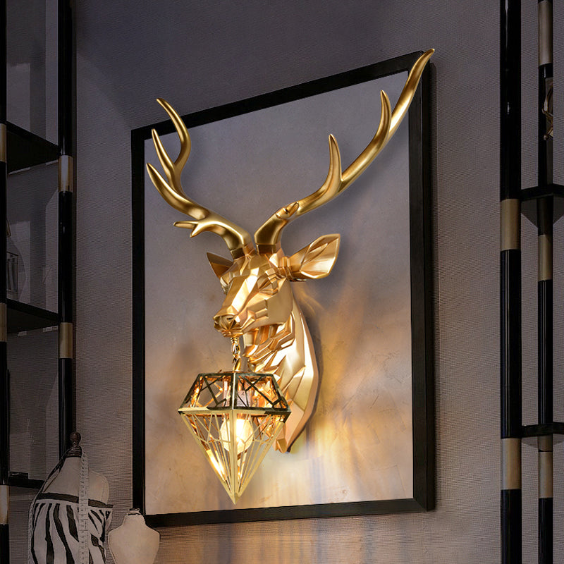 Lodge Stylish Deer Wall Mount Light Resin 1 Head Living Room Wall Light Fixture with Diamond Shade, 14.5