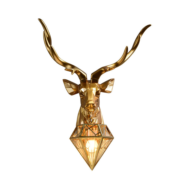 Lodge Stylish Deer Wall Mount Light Resin 1 Head Living Room Wall Light Fixture with Diamond Shade, 14.5