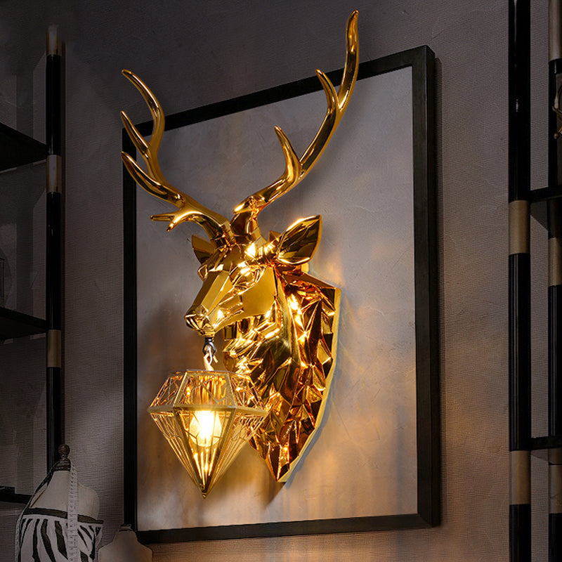 Diamond Cage Foyer Wall Light Sconce Resin 1 Bulb Country Style Wall Lamp with Elk Backplate in Gold, 16