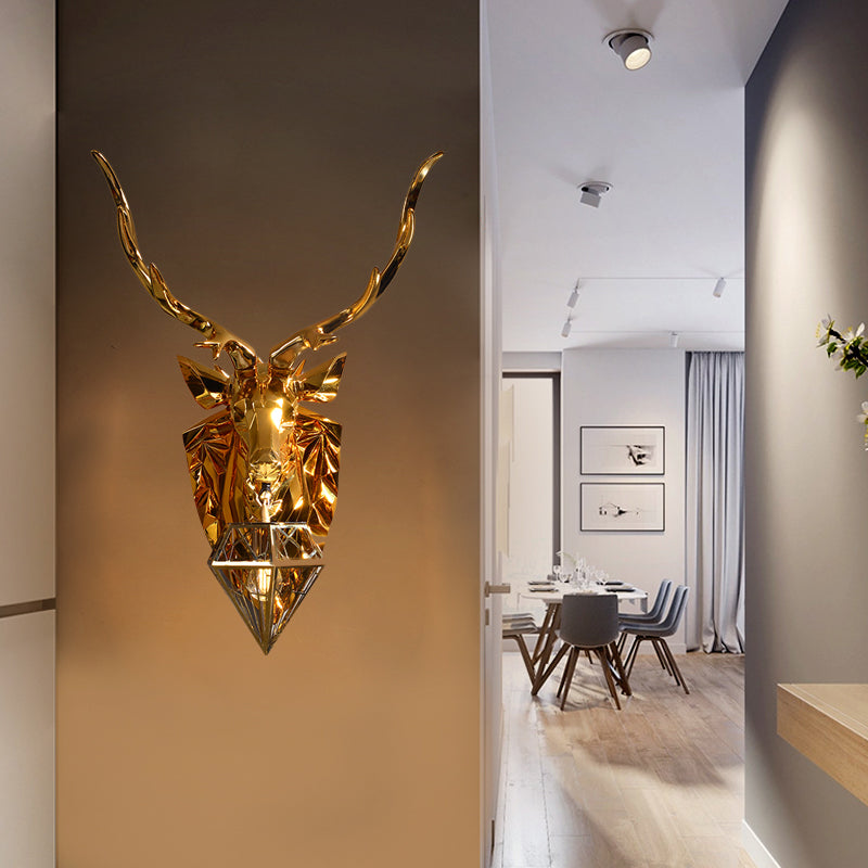 Diamond Cage Foyer Wall Light Sconce Resin 1 Bulb Country Style Wall Lamp with Elk Backplate in Gold, 16