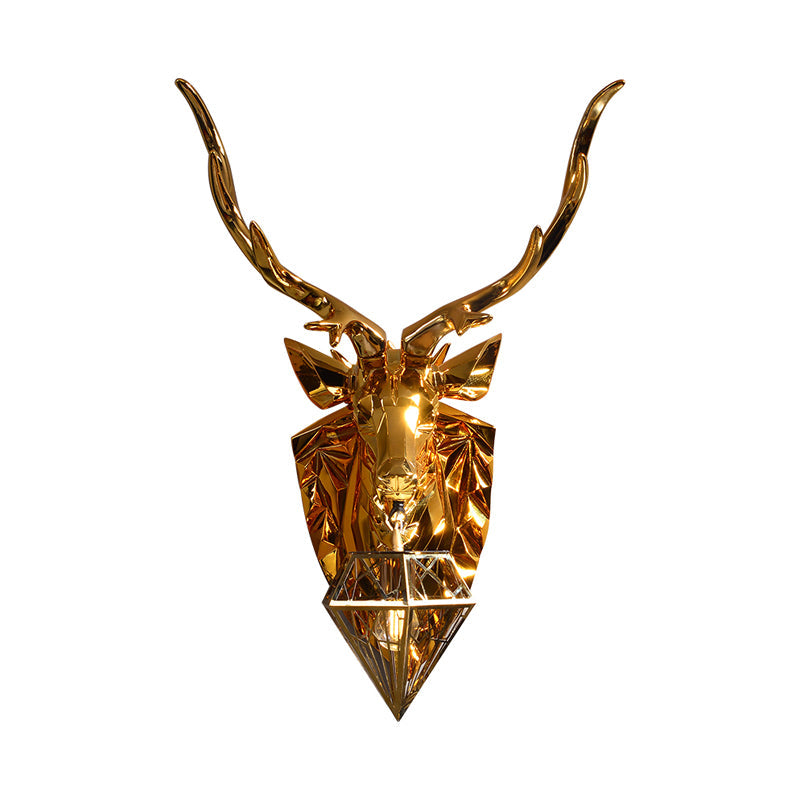 Diamond Cage Foyer Wall Light Sconce Resin 1 Bulb Country Style Wall Lamp with Elk Backplate in Gold, 16