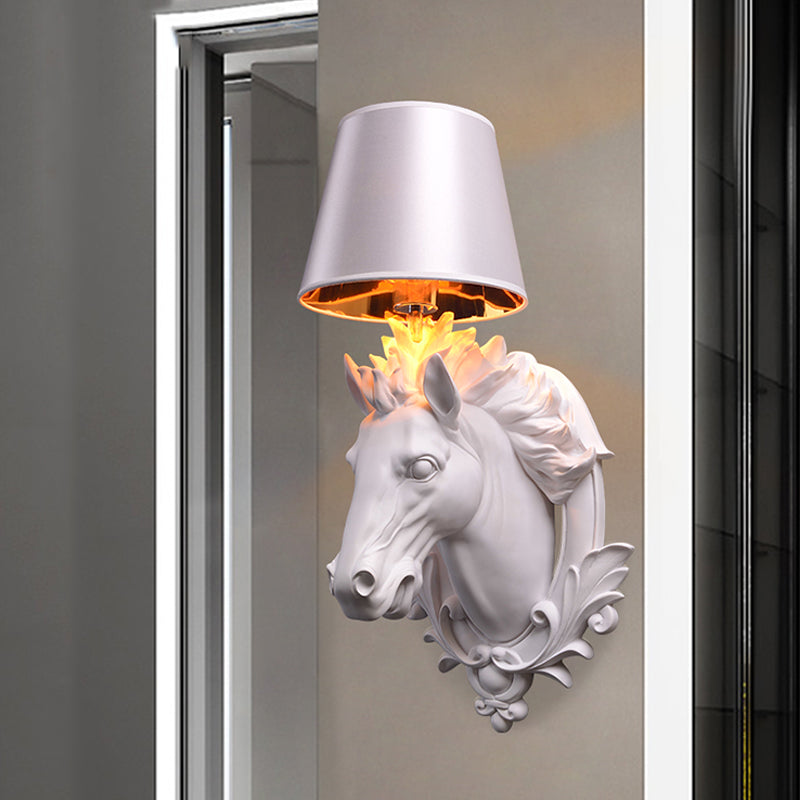 White Horse Wall Mount Lamp Countryside 1 Bulb Resin Wall Sconce Fixture with Cone Shade for Living Room, 9.5