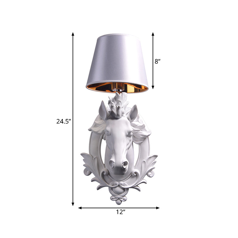 White Horse Wall Mount Lamp Countryside 1 Bulb Resin Wall Sconce Fixture with Cone Shade for Living Room, 9.5