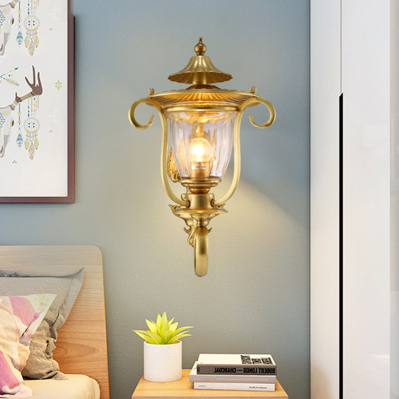 1/2-Head Wall Light Sconce Colonial Curved Arm Brass Gold Wall Mounted Lamp with Clear Glass Shade Clearhalo 'Wall Lamps & Sconces' 'Wall Lights' Lighting' 333470