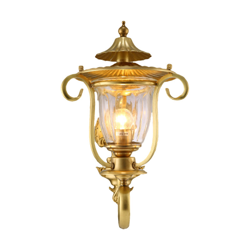 1/2-Head Wall Light Sconce Colonial Curved Arm Brass Gold Wall Mounted Lamp with Clear Glass Shade Clearhalo 'Wall Lamps & Sconces' 'Wall Lights' Lighting' 333472