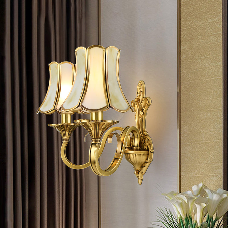 Gold 1/2 Heads Sconce Light Retro Metallic Curved Arm Wall Lighting with Flared Beveled Glass Shade Clearhalo 'Wall Lamps & Sconces' 'Wall Lights' Lighting' 333513