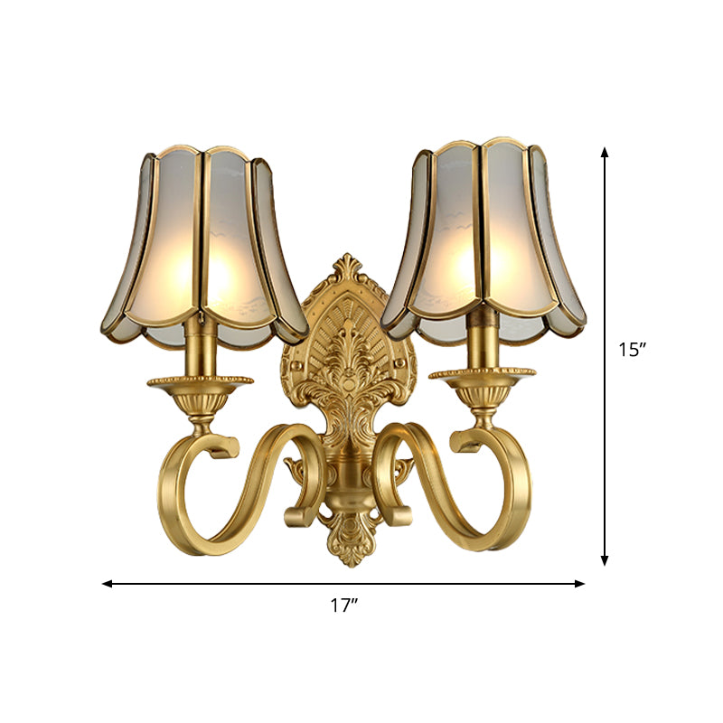 Gold 1/2 Heads Sconce Light Retro Metallic Curved Arm Wall Lighting with Flared Beveled Glass Shade Clearhalo 'Wall Lamps & Sconces' 'Wall Lights' Lighting' 333515