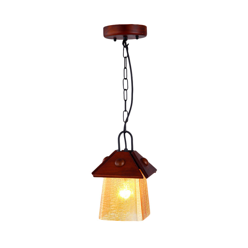 Single Square Pyramid Hanging Pendant Mission Textured White Glass Ceiling Lamp with Brown Shade Clearhalo 'Ceiling Lights' 'Chandeliers' 'Glass shade' 'Glass' 'Pendant Lights' 'Pendants' Lighting' 333519