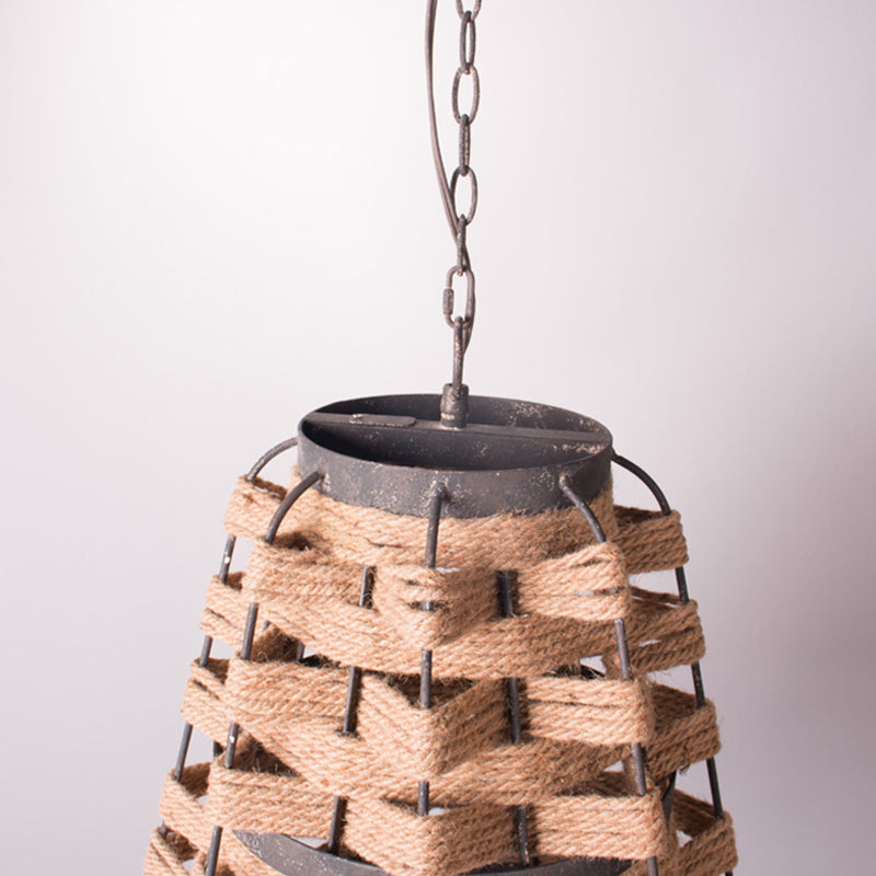 Rustic Tapered Suspension Pendant 1 Bulb Flaxen Hemp Rope Woven Ceiling Lamp with Metal Frame Clearhalo 'Ceiling Lights' 'Pendant Lights' 'Pendants' Lighting' 333562