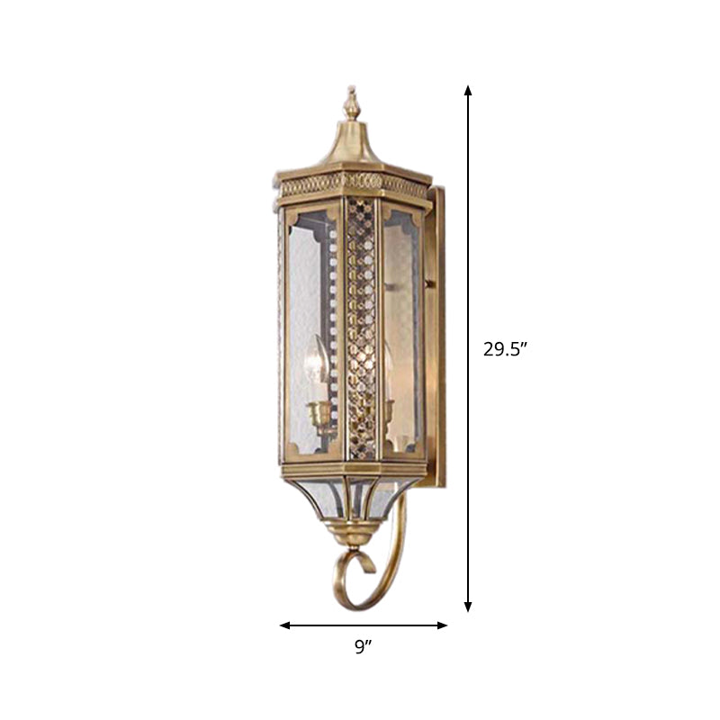 3 Bulbs Outdoor Wall Lantern Traditional Gold Finish Metallic Carved Sconce Light Clearhalo 'Wall Lamps & Sconces' 'Wall Lights' Lighting' 333713