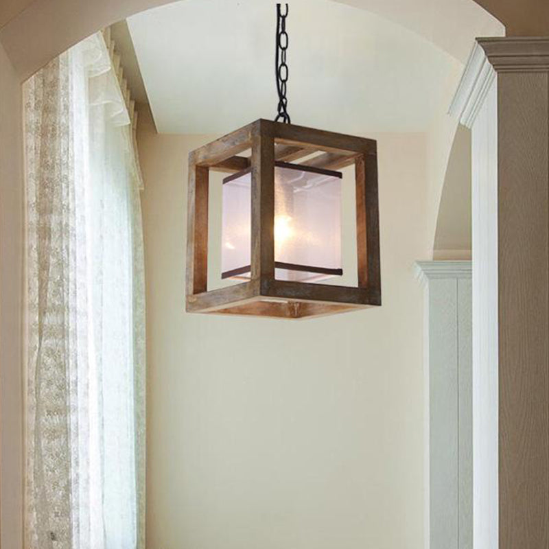 Square Living Room Hanging Light Kit Traditional Wood 1 Light Brown Pendant Lighting with Fabric Shade Brown Clearhalo 'Ceiling Lights' 'Pendant Lights' 'Pendants' Lighting' 335793_129a0073-d84f-443d-b0bc-15f1925ac815