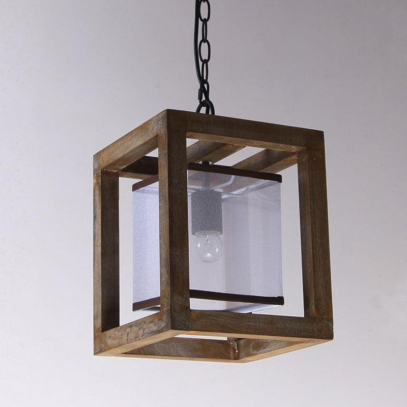 Square Living Room Hanging Light Kit Traditional Wood 1 Light Brown Pendant Lighting with Fabric Shade Clearhalo 'Ceiling Lights' 'Pendant Lights' 'Pendants' Lighting' 335795