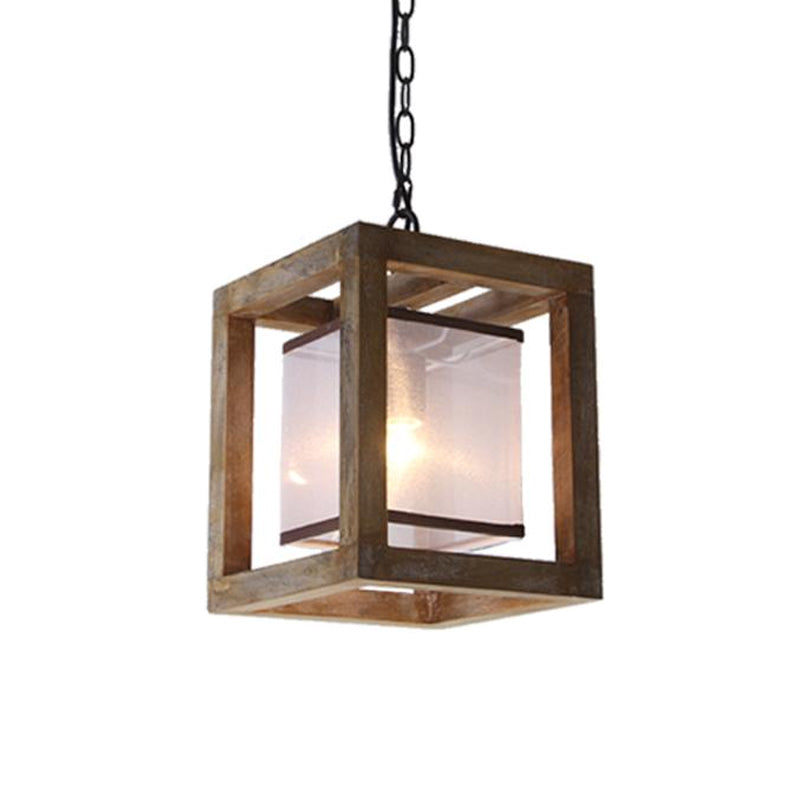 Square Living Room Hanging Light Kit Traditional Wood 1 Light Brown Pendant Lighting with Fabric Shade Clearhalo 'Ceiling Lights' 'Pendant Lights' 'Pendants' Lighting' 335796