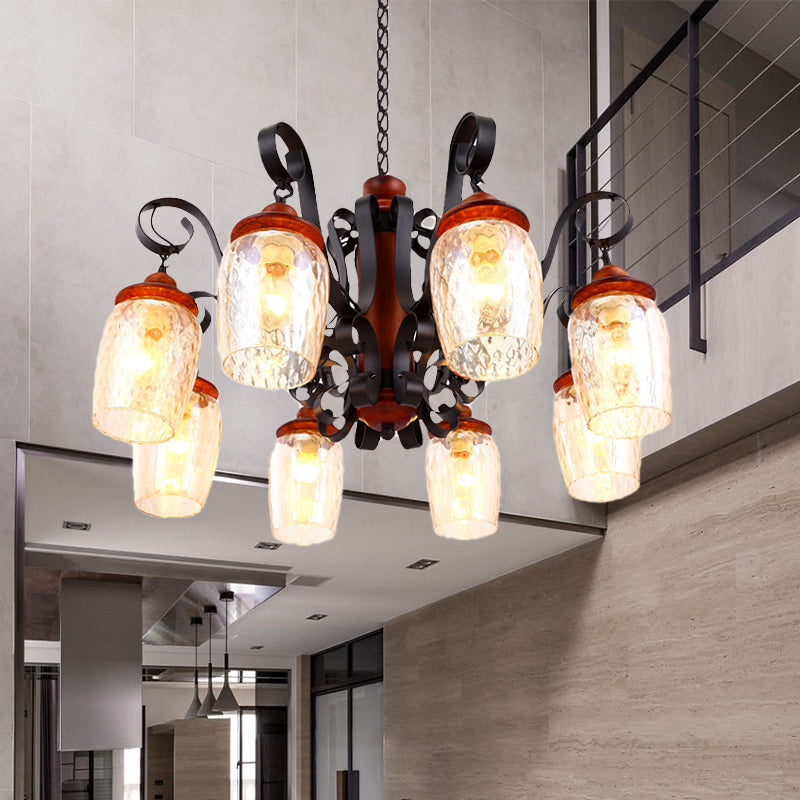 8 Lights Dimple Glass Chandelier Antiqued Black Curved Arm Living Room Ceiling Pendant Light Clearhalo 'Ceiling Lights' 'Chandeliers' 'Glass shade' 'Glass' 'Industrial Chandeliers' 'Industrial' 'Middle Century Chandeliers' 'Tiffany' Lighting' 337400