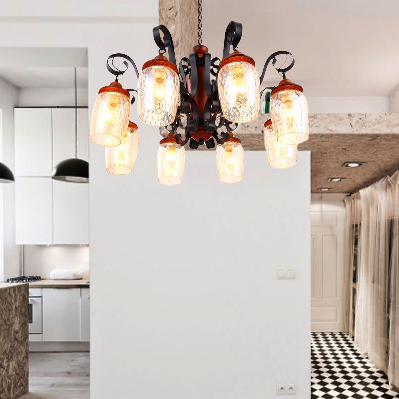 8 Lights Dimple Glass Chandelier Antiqued Black Curved Arm Living Room Ceiling Pendant Light Clearhalo 'Ceiling Lights' 'Chandeliers' 'Glass shade' 'Glass' 'Industrial Chandeliers' 'Industrial' 'Middle Century Chandeliers' 'Tiffany' Lighting' 337401