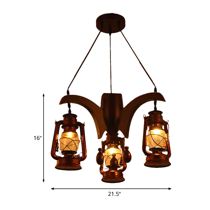 Industrial Kerosene Chandelier Lamp 3 Lights Clear Glass Hanging Ceiling Light in Dark Wood for Living Room Clearhalo 'Ceiling Lights' 'Chandeliers' 'Glass shade' 'Glass' 'Industrial Chandeliers' 'Industrial' 'Middle Century Chandeliers' 'Tiffany' Lighting' 337408