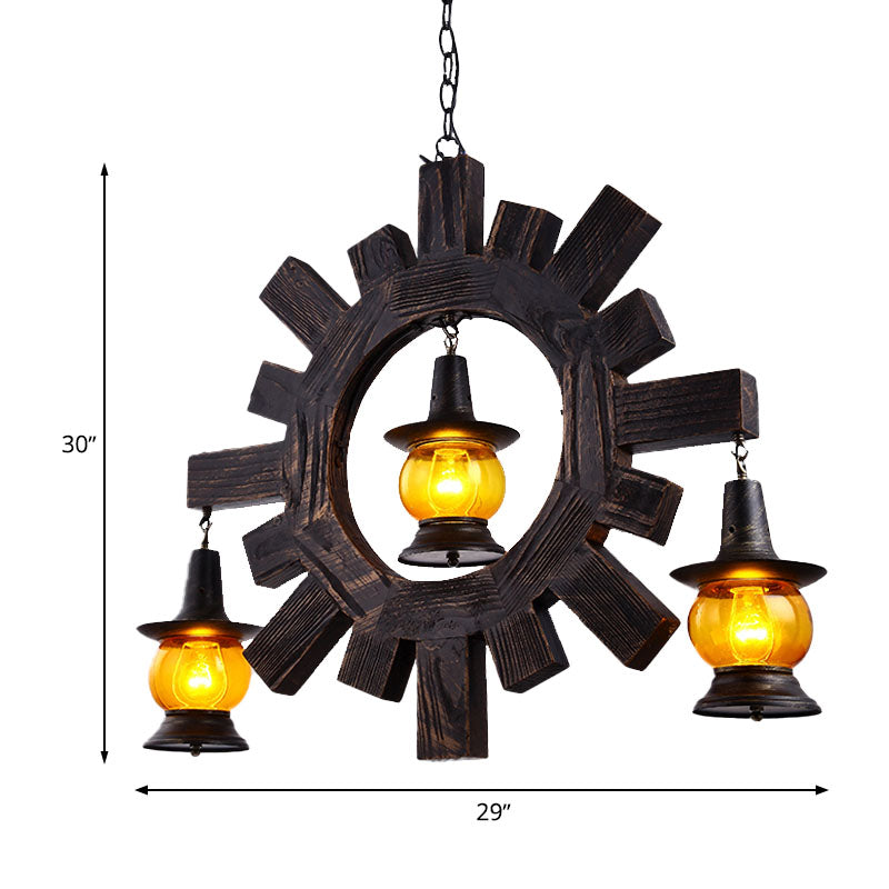 Amber Glass Black Chandelier Light Kerosene 3 Lights Factory Ceiling Hang Fixture for Living Room Clearhalo 'Ceiling Lights' 'Chandeliers' 'Glass shade' 'Glass' 'Industrial Chandeliers' 'Industrial' 'Middle Century Chandeliers' 'Tiffany' Lighting' 337413