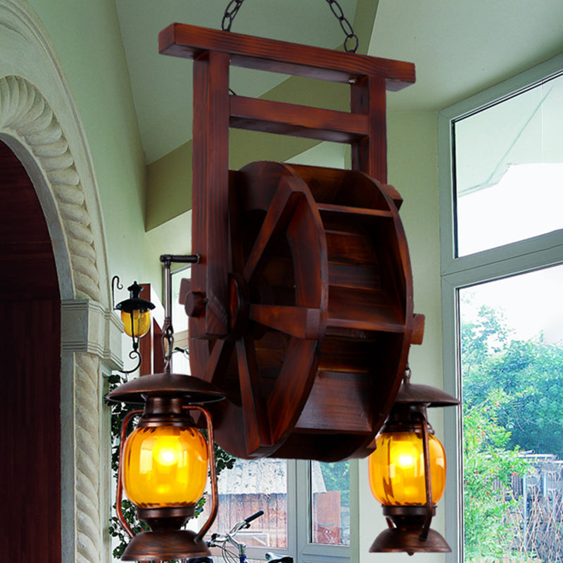 Dark Wood 3 Lights Chandelier Lighting Fixture Warehouse Amber Glass Lantern Hanging Lamp Kit Clearhalo 'Ceiling Lights' 'Chandeliers' 'Glass shade' 'Glass' 'Industrial Chandeliers' 'Industrial' 'Middle Century Chandeliers' 'Tiffany' Lighting' 337420