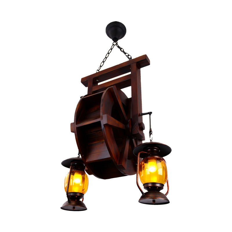 Dark Wood 3 Lights Chandelier Lighting Fixture Warehouse Amber Glass Lantern Hanging Lamp Kit Clearhalo 'Ceiling Lights' 'Chandeliers' 'Glass shade' 'Glass' 'Industrial Chandeliers' 'Industrial' 'Middle Century Chandeliers' 'Tiffany' Lighting' 337422