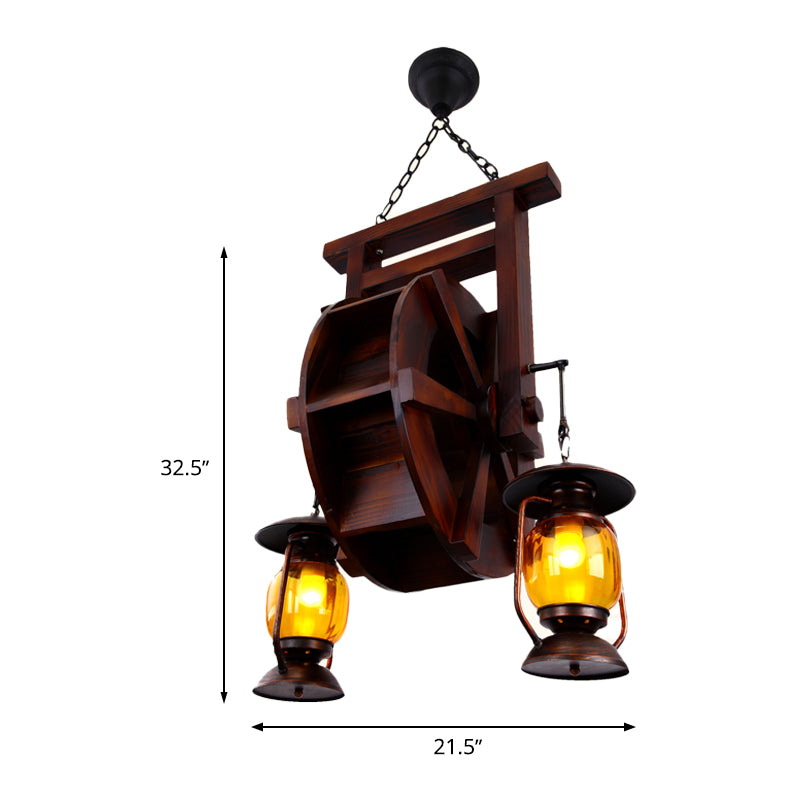 Dark Wood 3 Lights Chandelier Lighting Fixture Warehouse Amber Glass Lantern Hanging Lamp Kit Clearhalo 'Ceiling Lights' 'Chandeliers' 'Glass shade' 'Glass' 'Industrial Chandeliers' 'Industrial' 'Middle Century Chandeliers' 'Tiffany' Lighting' 337423