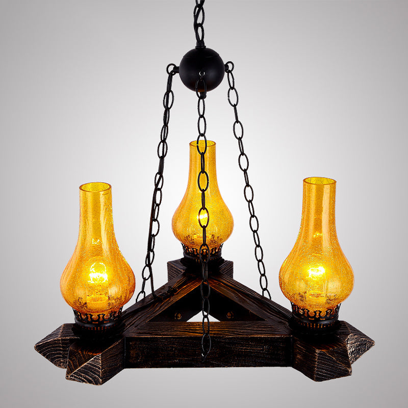 3 Lights Amber Crackle Glass Ceiling Chandelier Retro Dark Wood Vase Restaurant Suspension Light Dark Wood Clearhalo 'Ceiling Lights' 'Chandeliers' 'Glass shade' 'Glass' 'Industrial Chandeliers' 'Industrial' 'Middle Century Chandeliers' 'Tiffany' Lighting' 337442