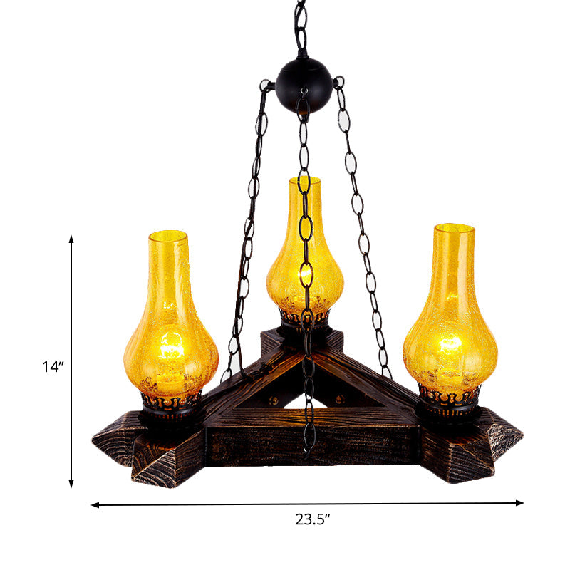 3 Lights Amber Crackle Glass Ceiling Chandelier Retro Dark Wood Vase Restaurant Suspension Light Clearhalo 'Ceiling Lights' 'Chandeliers' 'Glass shade' 'Glass' 'Industrial Chandeliers' 'Industrial' 'Middle Century Chandeliers' 'Tiffany' Lighting' 337446