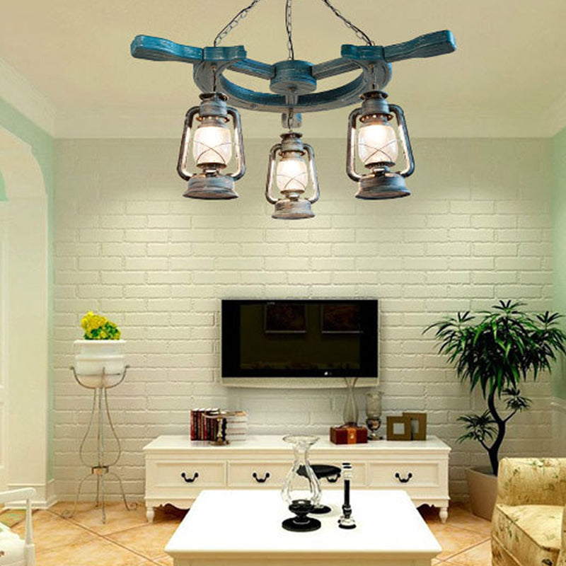 3 Lights Living Room Chandelier Light Industrial Blue Pendant with Kerosene Clear Glass Shade Clearhalo 'Ceiling Lights' 'Chandeliers' 'Glass shade' 'Glass' 'Industrial Chandeliers' 'Industrial' 'Middle Century Chandeliers' 'Tiffany' Lighting' 337449