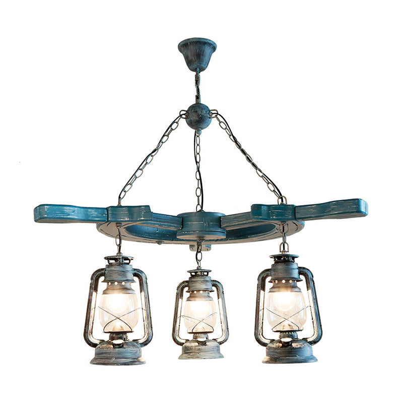 3 Lights Living Room Chandelier Light Industrial Blue Pendant with Kerosene Clear Glass Shade Clearhalo 'Ceiling Lights' 'Chandeliers' 'Glass shade' 'Glass' 'Industrial Chandeliers' 'Industrial' 'Middle Century Chandeliers' 'Tiffany' Lighting' 337450