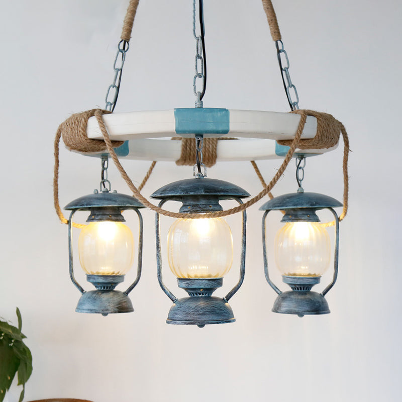 3 Lights Chandelier Lighting Factory Lantern Clear Glass Hanging Light Fixture in Blue Blue Clearhalo 'Ceiling Lights' 'Chandeliers' 'Glass shade' 'Glass' 'Industrial Chandeliers' 'Industrial' 'Middle Century Chandeliers' 'Tiffany' Lighting' 337452