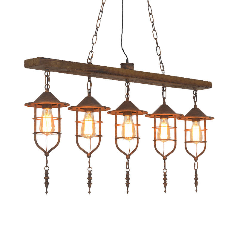 Wood 5 Lights Island Lighting Fixture Retro Linear Hanging Ceiling Light with Iron Cage Clearhalo 'Ceiling Lights' 'Island Lights' Lighting' 337564