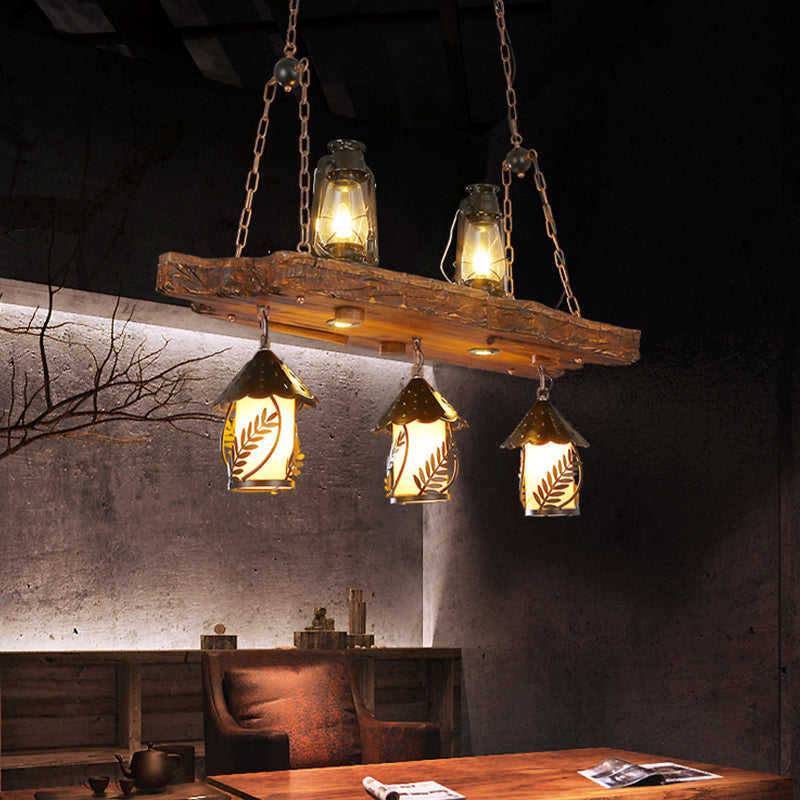 Wood Lantern Island Ceiling Light Warehouse 5 Lights Restaurant Hanging Lamp in Black with Clear Glass Shade Clearhalo 'Ceiling Lights' 'Island Lights' Lighting' 337593