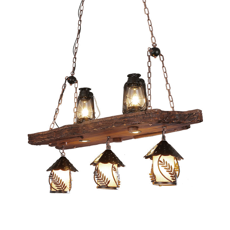 Wood Lantern Island Ceiling Light Warehouse 5 Lights Restaurant Hanging Lamp in Black with Clear Glass Shade Clearhalo 'Ceiling Lights' 'Island Lights' Lighting' 337594