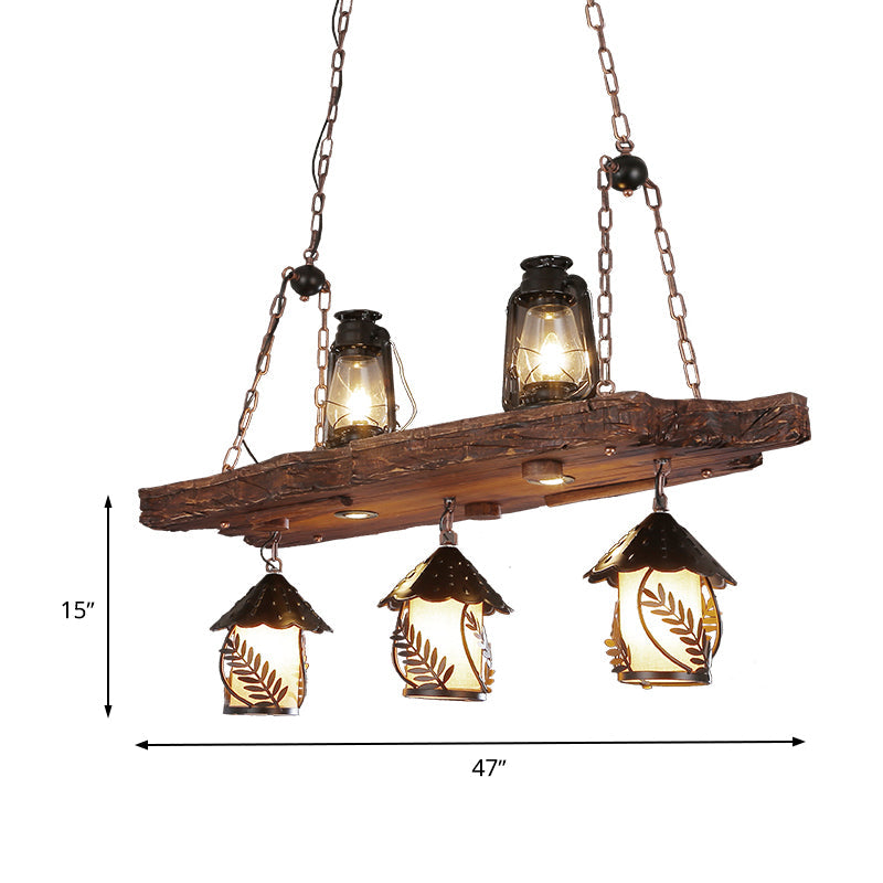Wood Lantern Island Ceiling Light Warehouse 5 Lights Restaurant Hanging Lamp in Black with Clear Glass Shade Clearhalo 'Ceiling Lights' 'Island Lights' Lighting' 337595