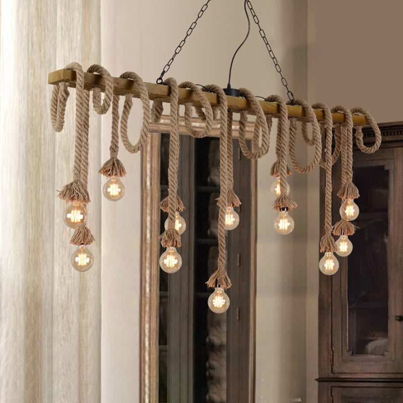 Wood Beige Island Chandelier Linear 5/8 Lights Industrial-Style Pendant Lamp for Dining Room 8 Wood Clearhalo 'Ceiling Lights' 'Island Lights' Lighting' 337742