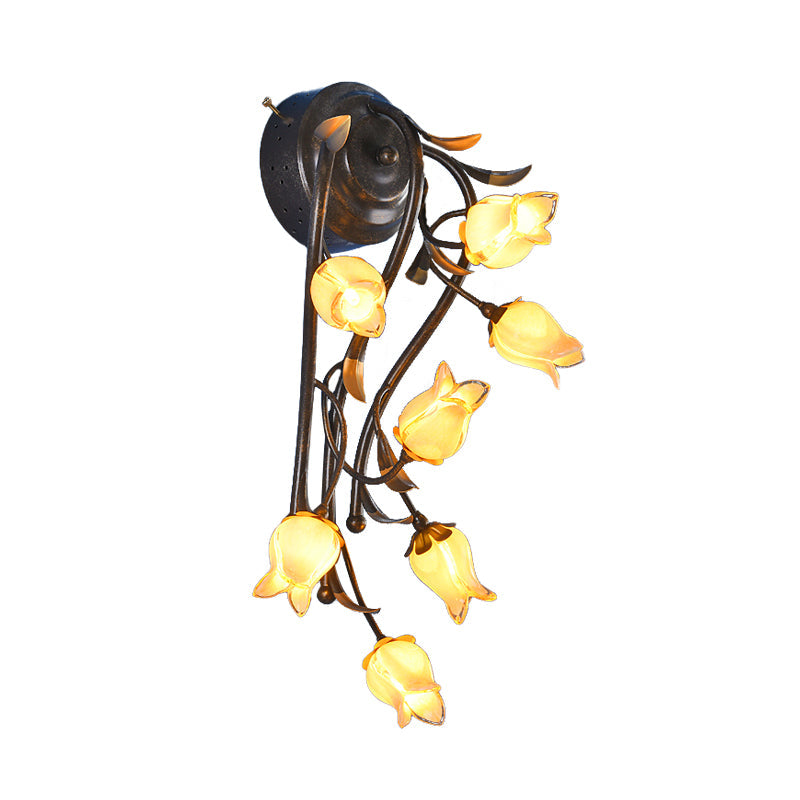 7 Lights Flower Sconce Light Fixture Countryside White/Pink/Yellow Glass Wall Mount Lighting for Bedroom Yellow Clearhalo 'Wall Lamps & Sconces' 'Wall Lights' Lighting' 337784